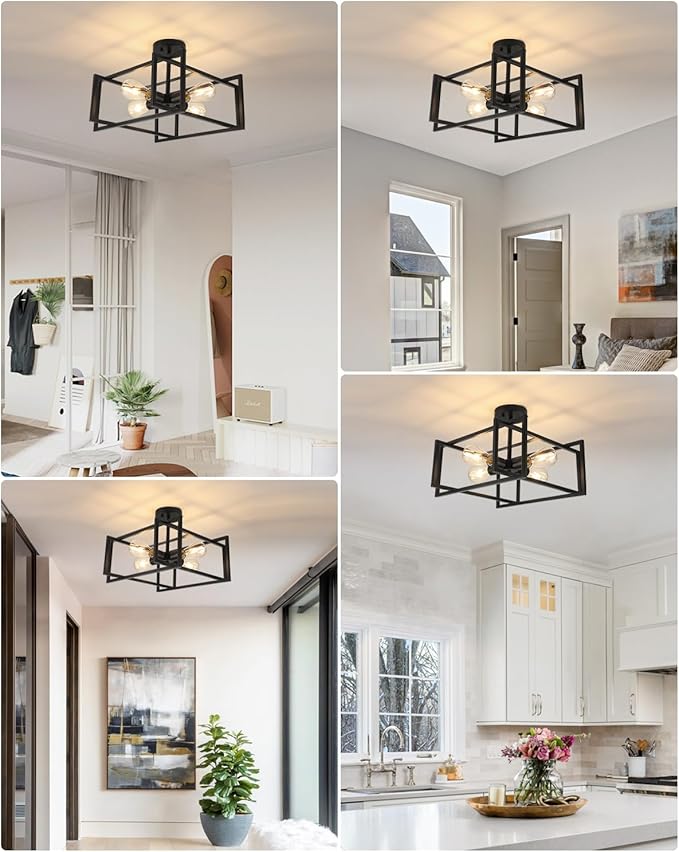 WILON Black Ceiling Light Fixture, 4-Light Farmhouse Light Fixtures Ceiling Mount, Modern Square Semi Flush Chandelier Ceiling Lamp for Kitchen Dining Room Bedroom Laundry Room Living Room