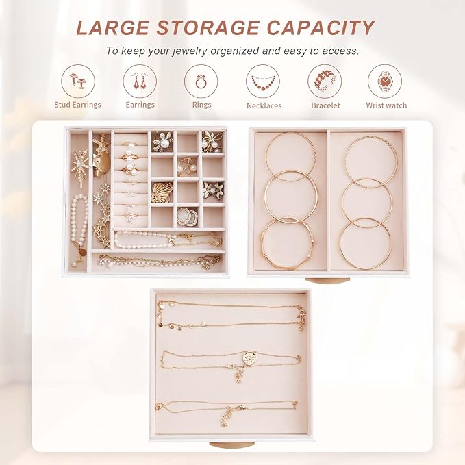Jewelry Storage Box with Glasses Lid, 3-Tiers Jewelry Organizer Box for Women Girls, Jewelry Case for Rings, Bracelets Earrings, Necklaces (White)