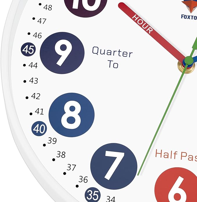 Foxtop Learning Clock for Kids - Telling Time Teaching Clock 12 Inch Silent Non-Ticking Battery Operated Analog Kids Wall Clock for Kids Room Playroom Nursery Classroom School (White)