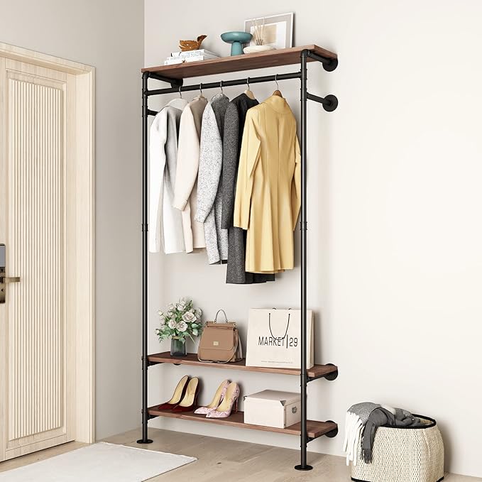 Industrial Pipe Clothing Racks with Shelves, Wall Mounted Clothes Rack for Hanging Rods, Heavy Duty Black Clothing Racks With Three Shelves Retail Display Garment Rack for Home