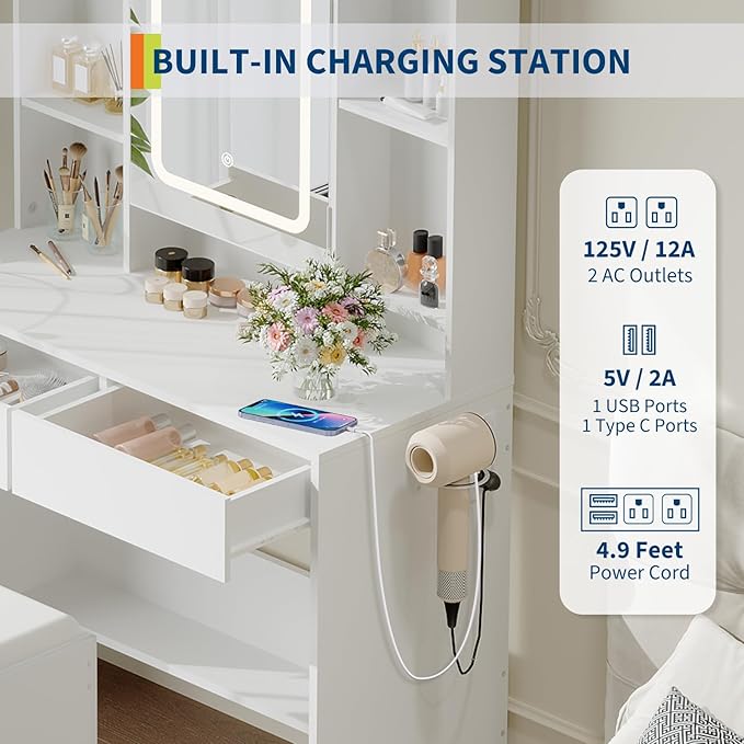 GarveeHome Vanity Desk with Mirror and Lights, for Bedroom, Includes Padded Stool, Easy to Assemble, Storage Drawers, USB Outlets, Hairdryer Holder, Adjustable LED Light with 3 Lighting Modes