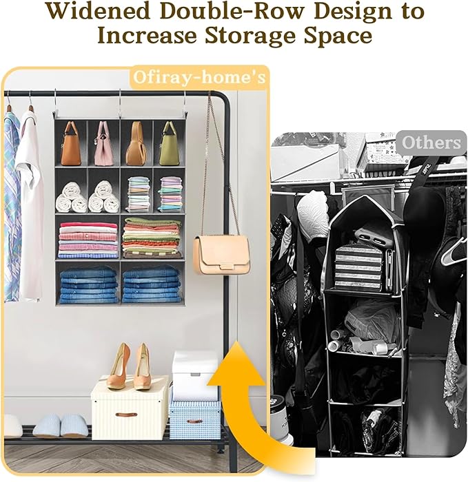 4 Tier Hanging Closet Organizer, 12 Compartments Sweater Organizer for Closet with 3 Sturdy Hooks, Closet Organizers and Storage, Wardrobe, Rv, Garment Rack, Grey
