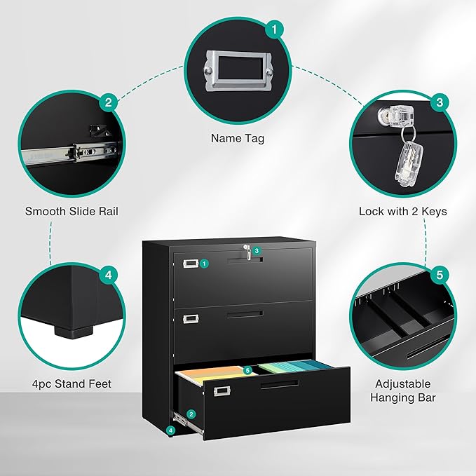 SISESOL 3 Drawer Lateral File Cabinet with Lock,Black Lateral Filing Cabinet,Horizontal Metal Filing Cabinet,Locked Wide Three Drawer File Cabinet for Office Home,Fit A4/F4/Letter/Legal File