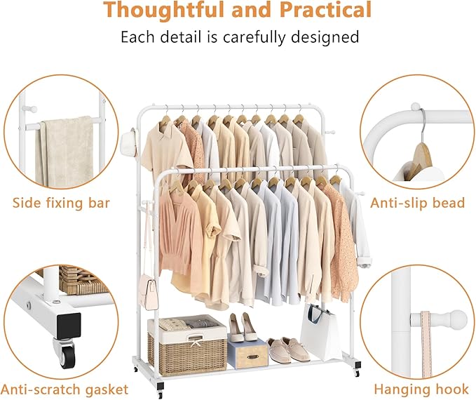 Laiensia Double Rods Garment Rack with Wheels, Clothing Rack for Hanging Clothes,4 Hooks, Multi-functional Bedroom Clothes Rack, White