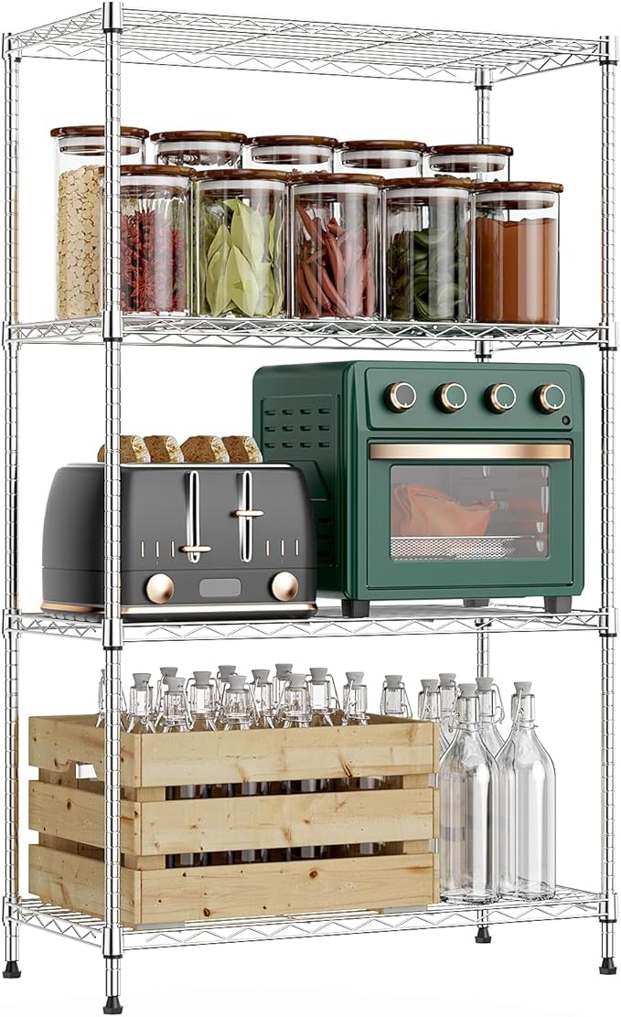 1000 lbs 4Tier Shelf Metal Storage Shelves Wire Rack Closet Organizers with Wheel for Garage Kitchen Bathroom Laundry Chrome 13.7" D x 29.5" W x 47.2" H