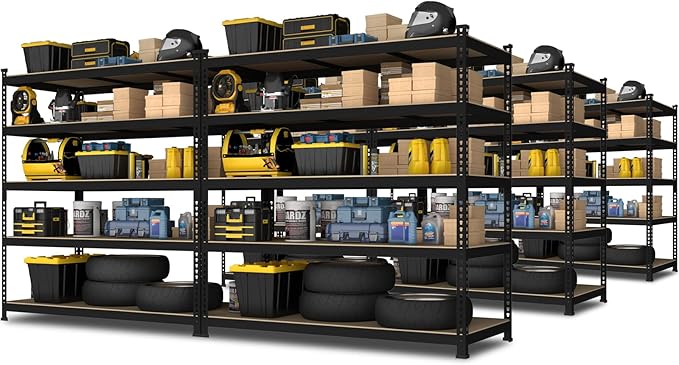 PrimeZone 48" x 24" x 72" Heavy Duty 5 Tier Adjustable Garage Storage Shelving, Metal Utility Rack Shelf Unit for Warehouse Pantry Closet Kitchen, Black, 6 Pack