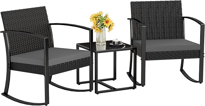 Homall Patio Furniture Set 3 Piece Resin Outdoor Bistro Set Rocking Patio Chairs with Cushions and Table for Porch, Poolside, Balcony and Yard (Grey)