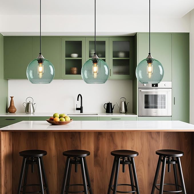 Light Green Glass Pendant Lights Kitchen Island Lighting Globe Pendant Light Fixtures Modern Pendant Lighting for Bedroom Living Dining Room Light Fixture (7.87 in, 1 Pack)