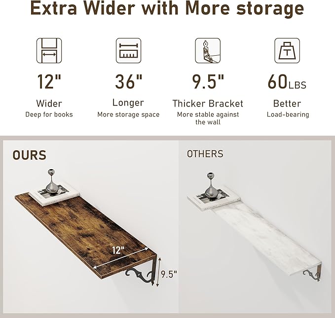 Deep Floating Shelves, 36" W x 12" D Wall Shelves Set of 2, Wide Display Shelf Wall Mounted with Brackets, Bookshelf for Living Room, Bathroom, Bedroom, Rustic Brown