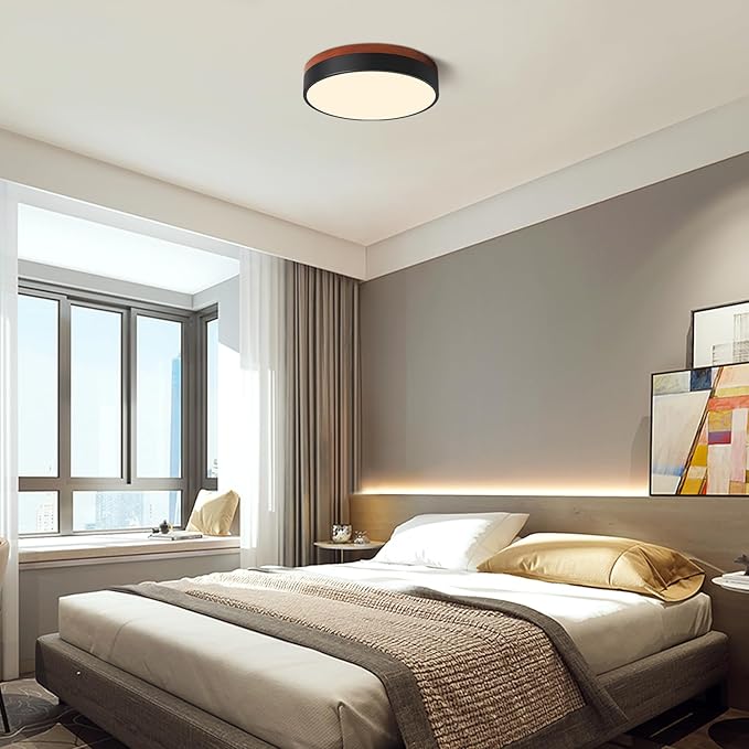 LED Ceiling Light Dimmable, Black and Wood Flush Mount Ceiling Light Fixture 5CCT in One, Minimalist Round Ceiling Lamp Modern Lighting for Kitchen, Bedroom, Hallway, Laundry Room, 11.8 Inch