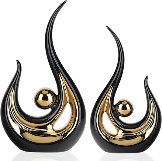 Black and Gold Home Decor, Abstract Ceramic Statue 2 Piece Set for Living Room Coffee Table Decor, Home Office, Room Decor, Table Decor