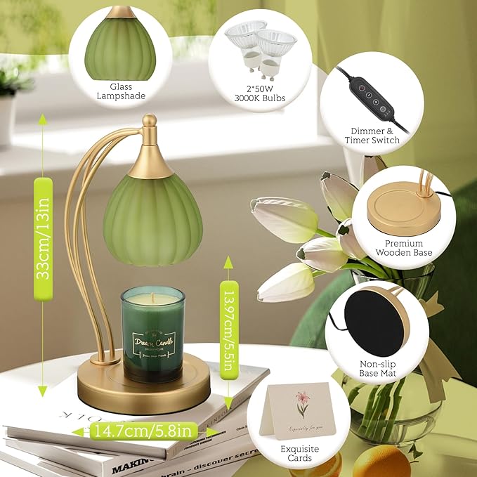 Candle Warmer Lamp, Electric Candle Warmer with Timer Dimmer - Candle Lamp Warmer for Scented Jar Candles, for Housewarming Gifts New Home Decor (Green)