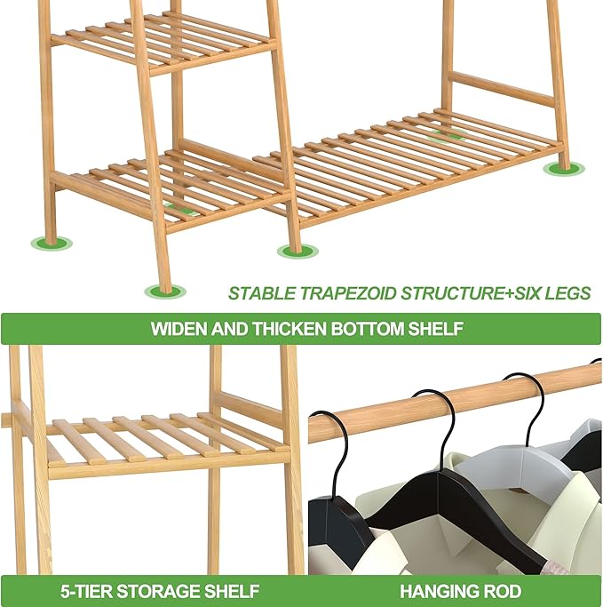 RELIANCER Bamboo Clothing Garment Rack,Free Standing Clothes Coat Hanger,Closet Organizer w/Shoe Rack,Multi-tiered Wardrobe Storage Shelves,Clothes Hanging Racks for Hall,Living Room,Bedroom,Entryway