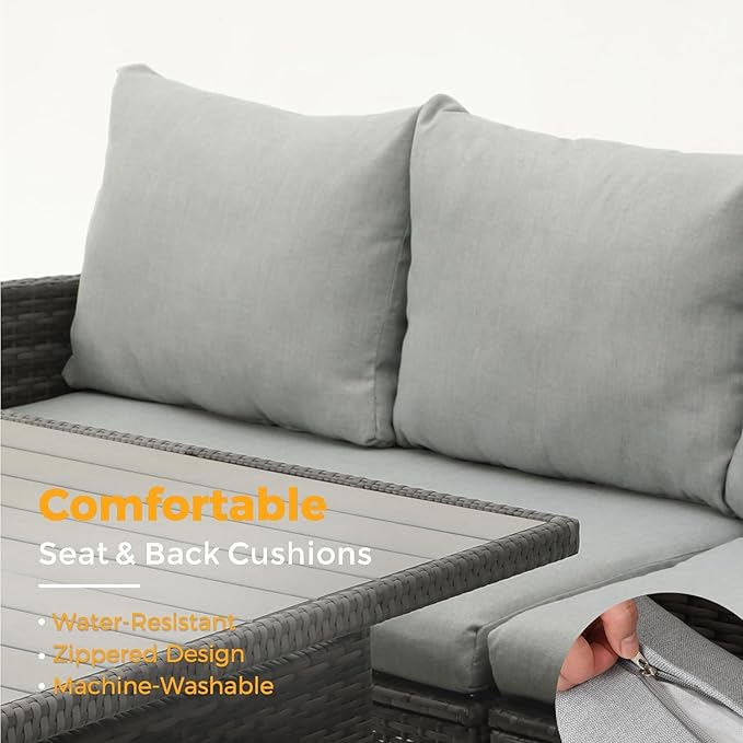 Wisteria Lane Patio Furniture Set, 7 Piece High Curved Back Outdoor Dining Sectional Sofa with Dining Table and Chair, All Weather Wicker Conversation Set with Ottoman, Grey