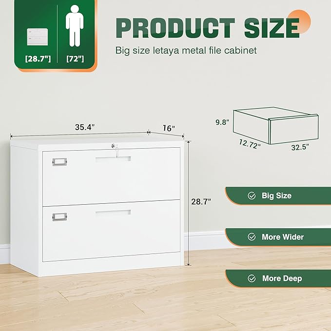 Letaya 2 Drawer Metal Filing Organization Office Cabinets with Lock,Lateral File Cabinets for Home Office Hanging Files Letter/Legal/F4/A4 Size (2 Drawer-White)