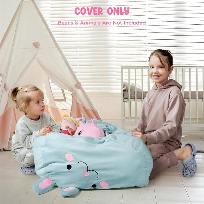 GAGAKU Stuffed Animal Bean Bag Cover Toy Storage, 24 Inches Kids BeanBag Crystal Blue Rabbit Large Zipper Bean Bag for Organizing Kids Plush Toys Home Supplies