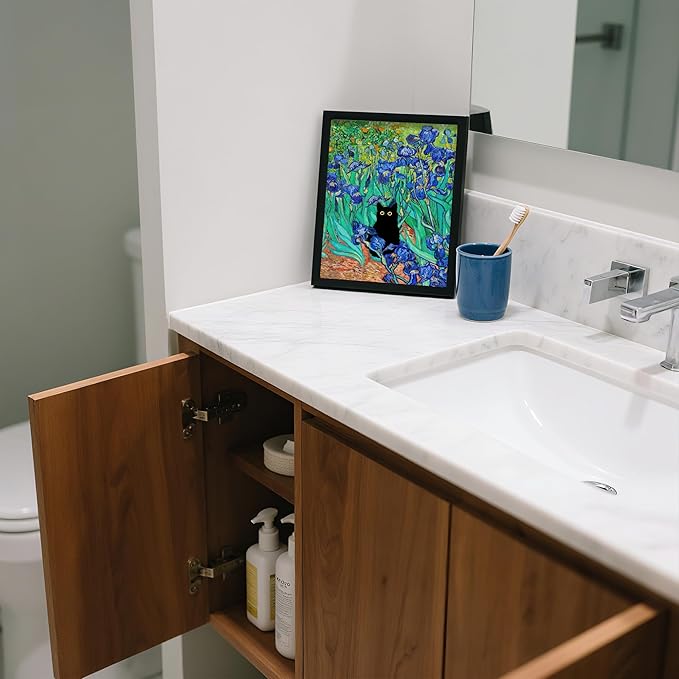 Krtoni Framed Van Gogh Irises Canvas Wall Art, Famous Oil Paintings Garden Flower Black Cat Wall Decor, Impressionism Funny Vintage Print Artwork For Farmhouse Gallery Bathroom 10''L x 8''W