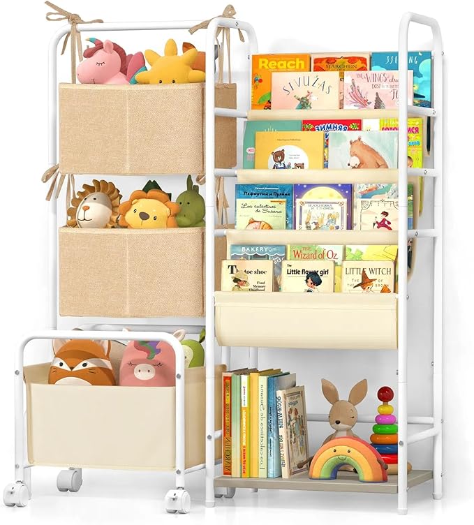 Kids Bookshelf and Toy Storage, Montessori Bookshelf, 4-Tier Baby Toddler Book Shelves, Bookshelf for Kids with Toy Storage Organizer, Book Shelf for Kids Rooms Nursery Playroom Classroom