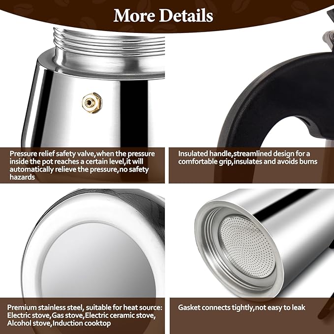 2 Cup Moka Pot Percolator Italian Coffee Maker 100ml Stovetop Espresso Mocha Stainless Steel Greca Coffee Maker Classic Cafe Makers Suitable for Induction Cookers Ceramic Stoves Tummy
