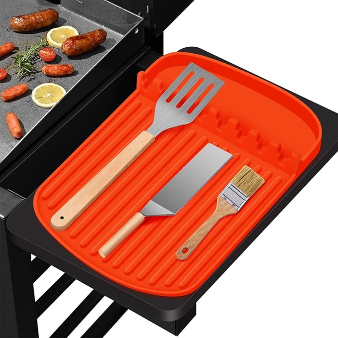 Silicone Griddle Tools Mat for Blackstone,16.9"x 11.8" Spatula Mat with Drip Pad,Heat-Resistant Grill BBQ Caddy Utensils Holder for Kitchen,Cooking & Countertop,Side Shelf Mat Blackstone Aceessories