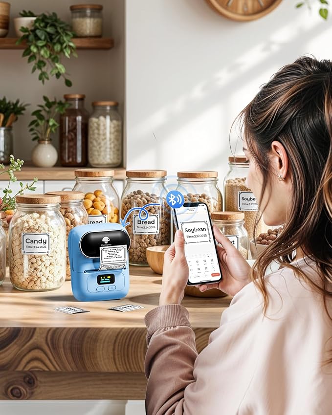 Phomemo Barcode Label Printer - M110 Label Maker Portable Bluetooth Label Maker Machine for Small Business, Barcode, Address, Logo, Clothing, Jerwery, Thermal Printer Compatible with Phones & PC, Blue