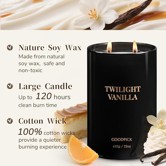 Goodpick Twilight Vanilla Scented Candles, Citrus & Floral Candles for Home, 22oz Soy Wax, 120hrs Creamy Vanilla, Relaxing Bedroom Gift