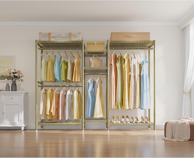 VIPEK L6 L Shaped Clothes Rack Heavy Duty Clothing Rack for Corner, 5-Tier Wire Garment Racks Metal Freestanding Closet with Adjustable Shelves, 42.1" L x 42.1" W x 76.4" H, Max Load 840LBS, Gold