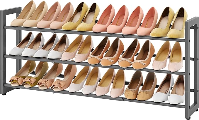 FAVOOSTY 3-Tier Expandable Shoe Rack, Adjustable Shoe Shelf Storage Organizer Space Saving Metal Free Standing Shoe Rack for Entryway Closet Doorway, Silver Grey