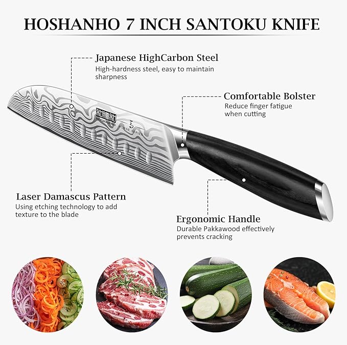 7 Inch Santoku Knife, Ultra Sharp Japanese High Carbon Powder Steel Kitchen Knife, Professional Chefs Knife with Ergonomic Handle