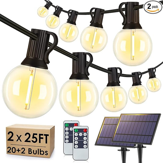 50FT(2x25FT) Solar String Lights Outdoor with Remote, Waterproof Dimmable 3 Modes Patio Lights with 20+2 LED G40 Bulbs for Cafe Bistro-Black