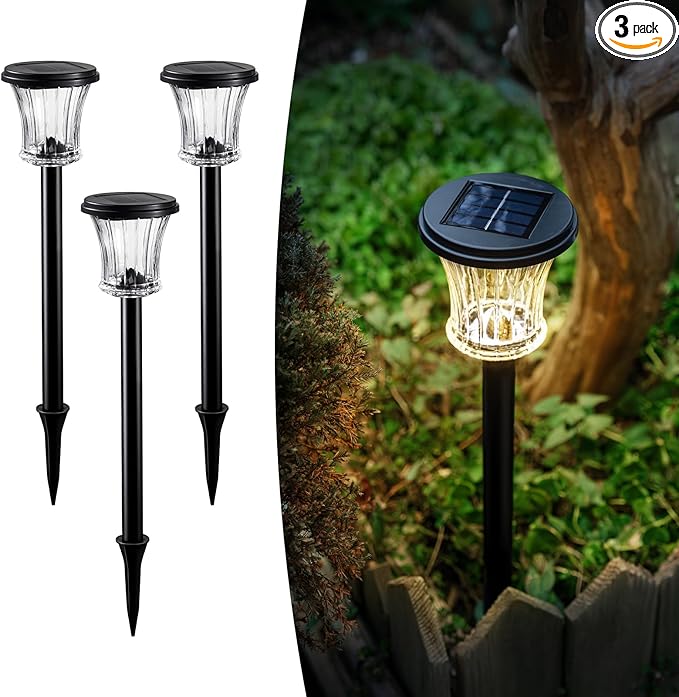 Glass Solar Pathway Lights Outdoor Waterproof, Decor Landscape Lighting with Modular Design, 3000K LED, Auto On/Off Solar Stake Light for Yard Garden Driveway Walkway Lawn, Warm White (3 Pack)