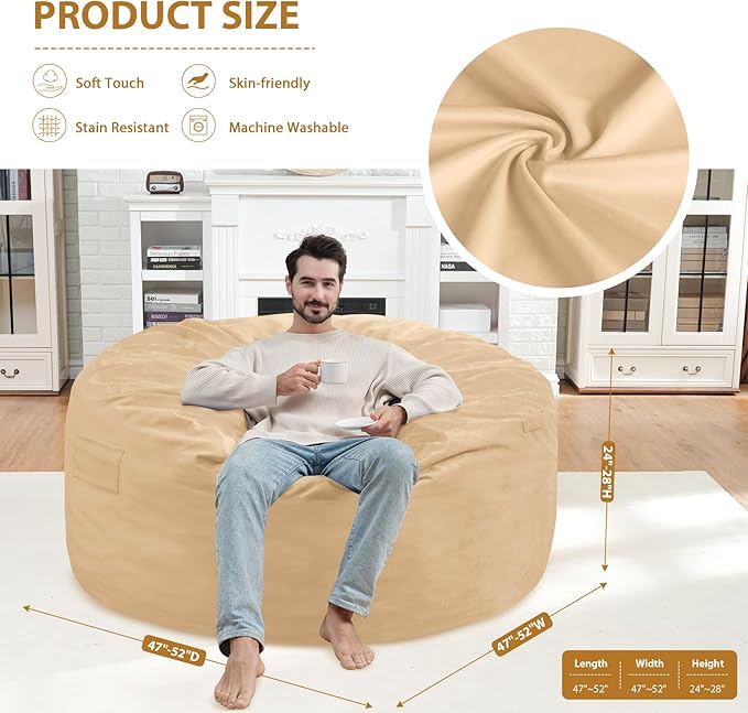 5FT Bean Bag Chair, Large Bean Bag Chairs with Memory Foam Filled, Fluffy Beanbag Sofa with Dutch Velvet Cover, Round BeanBag Chairs for Living Room, Playroom - Khaki