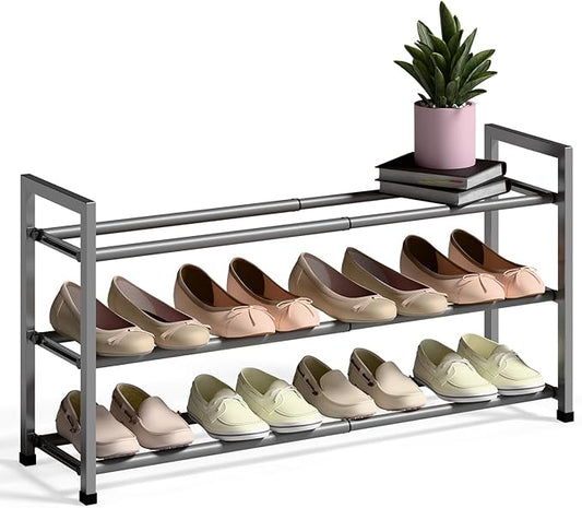 Bumusty 3-Tier Expandable Shoe Rack for Closet, 18“-33” Adjustable Shoe Rack for Small Space, Small Shoe Organizer for Front Door, Sturdy Metal, Gray