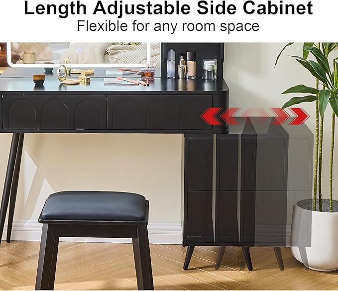 Merax Makeup Vanity Desk with Mirror and Lights, Vanity Table and Stool Set with Drawer & Movable Side Cabinet, Black Dressing Table for Bedroom with Mirror and 3 Color Modes
