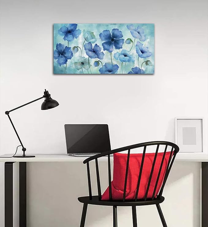 NINEASO Blue Abstract Flowers Wall Art - Elegant Floral Pictures Wall Decor Indigo Blue Green Blossom Canvas Painting Artwork Abstract Flowers Nature Print for Home Office Decoration 20" x 40"