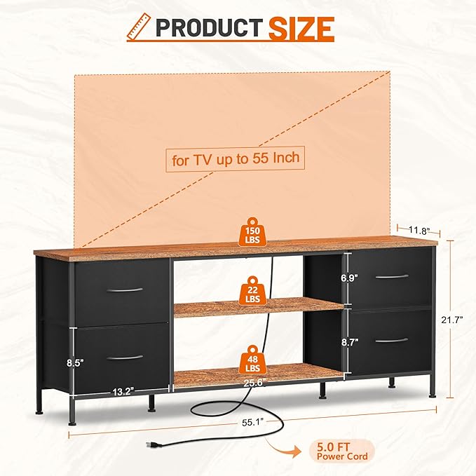 TV Stand for Bedroom, Television Stand for TV up to 55 Inch Entertainment Center Dresser with 4 Drawers Open Storage Shelves for Living Room, Entryway (Black and Rustic Brown)