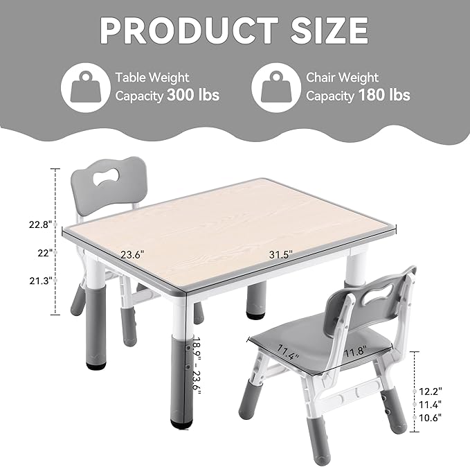 Kids Study Table and Chairs Set, Height Adjustable Toddler Table and Chair Set for Kids Ages 3-8, 31.5" L x 23.6" W Graffiti Desktop Plastic Children Art Table with 2 Seats, Grey