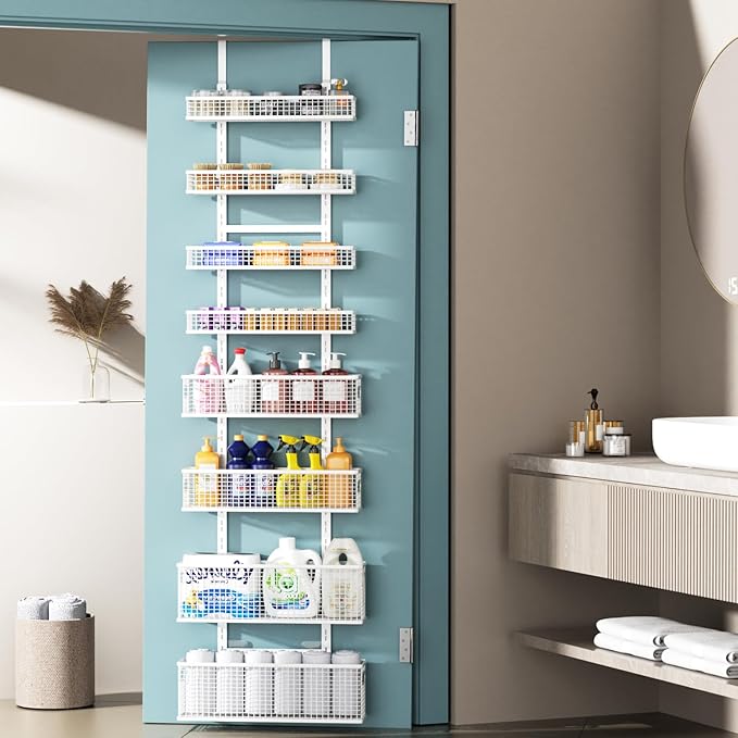 8-Tier Over The Door Pantry Organizer,Hanging Spice Rack,Over Door Adjustable Basket with Handle,Pantry Organization And Storage, Laundry Room,Bathroom,Large Capacity,D5.3xW15.7xH74.8 in