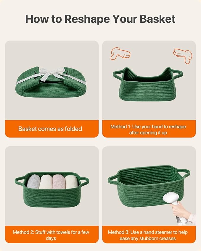 KALLAX Small Woven Basket, 12 x 8 x 4.5 Inches, Small Storage Baskets for Organizing, Gift Baskets Empty, Cute Rope Shelf Closet Storage Bins for Shelves, Dog Toy Basket, Green