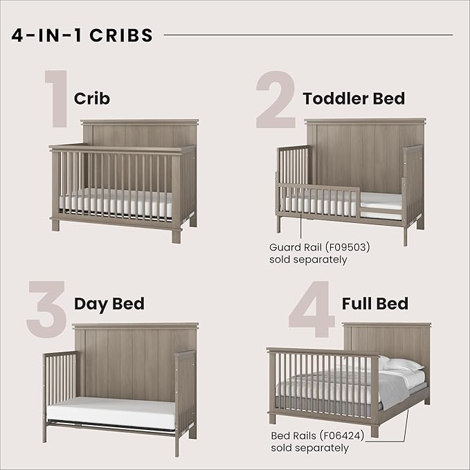 Child Craft Denman 4-in-1 Convertible Crib, Baby Crib Converts to Day Bed, Toddler Bed and Full Size Bed, 3 Adjustable Mattress Positions, Non-Toxic, Baby Safe Finish (Crescent Gray)