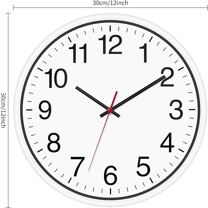 Foxtop White Wall Clock Silent Non-Ticking 12 Inch Quartz Battery Operated Round Analog Wall Clock for Classroom School Office Living Room Bedroom Home