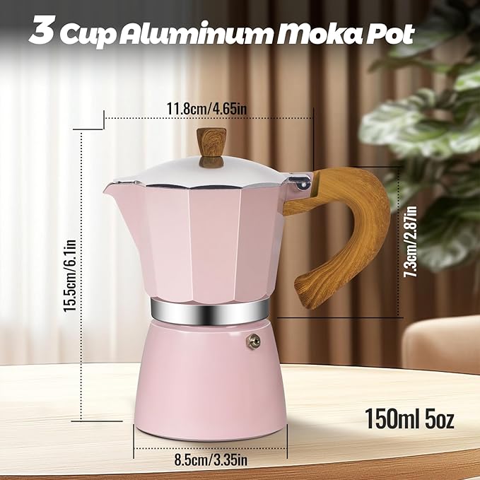 3 Cup Aluminum Moka Pot Classic Stovetop Espresso Coffee Maker 150ml 5oz Coffeemaker Percolator Mocha Pot Greca Coffee Maker Cafe Makers for Italian and Cuban Café Brewing Pink