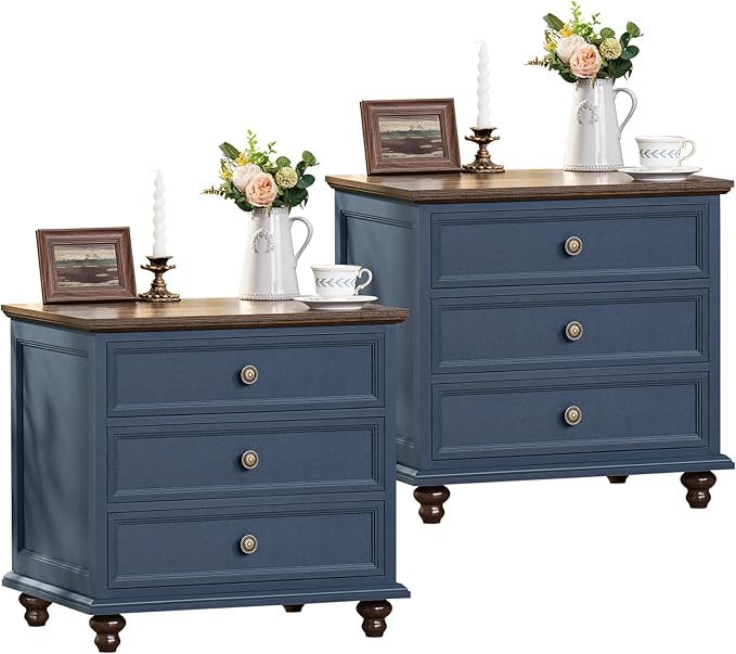 24" Wide Farmhouse Night Stand Set of 2,Large End Table with 3 Drawers & Metal Handle,Blue Dresser for Bedroom,Bed Side Table Chest of Drawers Cabinet,Wood Nightstand for Living Room,Closet