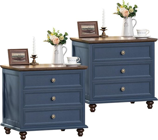 24" Wide Farmhouse Night Stand Set of 2,Large End Table with 3 Drawers & Metal Handle,Blue Dresser for Bedroom,Bed Side Table Chest of Drawers Cabinet,Wood Nightstand for Living Room,Closet