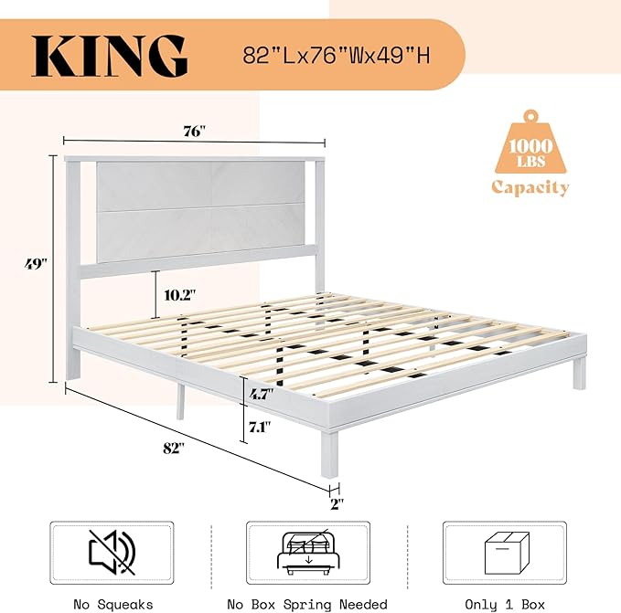 AMERLIFE Solid Wood King Size Bed Frame with Headboard, Mid Century Modern Style Platform Bed with Under-Bed Storage, No Box Spring Needed, Noise Free, Easy Assembly, Antique White