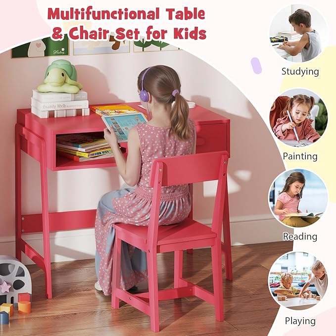 HONEY JOY Kids Desk and Chair Set, Wooden Children School Study Table and Chair w/Storage Drawer & Hutch, Student Writing Desk Computer Workstation for Bedroom, Gift for 3+ Years Old (Pink)