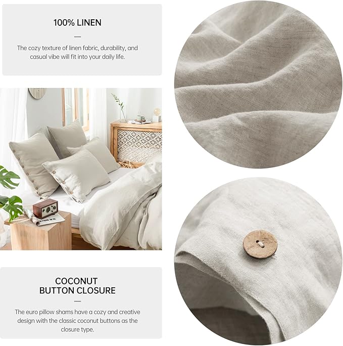Simple&Opulence 100% Washed Linen Euro Sham Cover, 26 x 26 Inch, Decorative Bed Pillow Cover with Coconut Button, Solid Color Pillow Shams Set of 2 (Natural Linen)