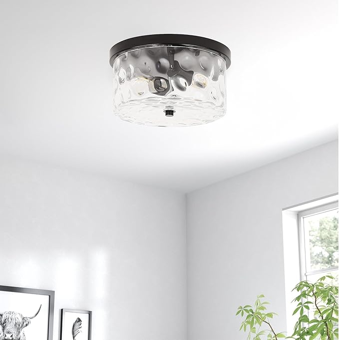 LamQee 9.8" Small Flush Mount Ceiling Light With Clear Hammered Glass, Black Hallway Light Fixtures Ceiling Mount for Bathroom, 2-Lights Farmhouse Close To Ceiling Light Kitchen Foyer Entryway Bedroom
