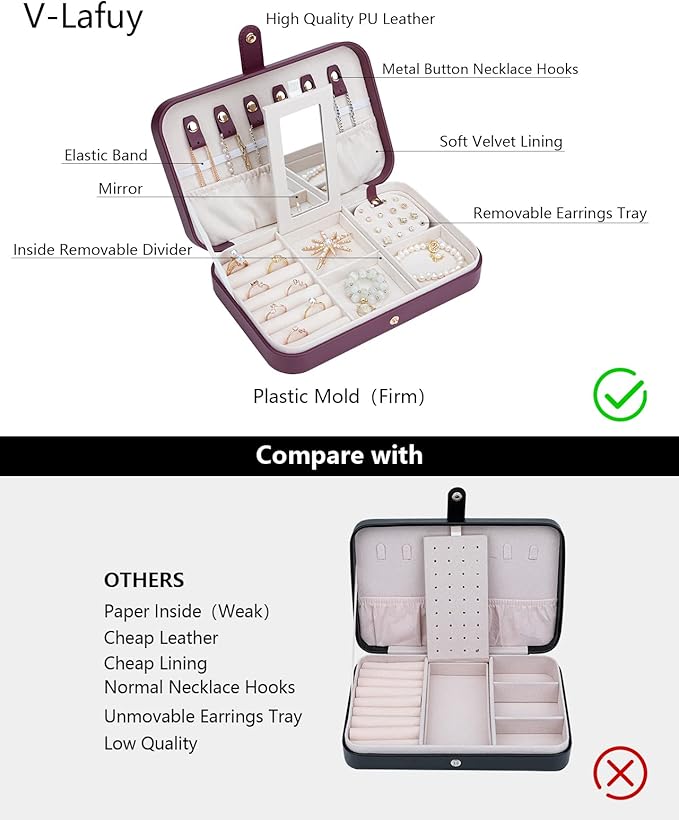 Jewelry Travel Organizer, Travel Jewelry Box Portable, Small Travel Jewelry Case with Mirror, PU Leather Small Jewelry Box for Women, Burgundy Red B