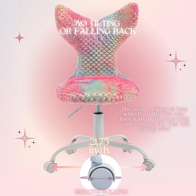 Fuzzy Desk Chair, Cute Swivel Children Desk Chair with Wheels for Kids Bedroom Upholstered Rolling Study Chair Adjustable Computer Chair Mermaid Back Vanity Chair for Teen Girls Boys, Red Colorful